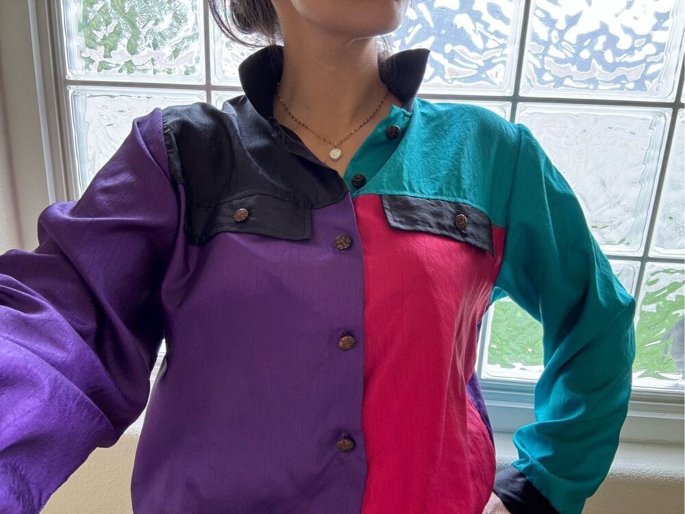 Lauren Lee vintage 80s color block top pullover jacket teal fuchsia neon M